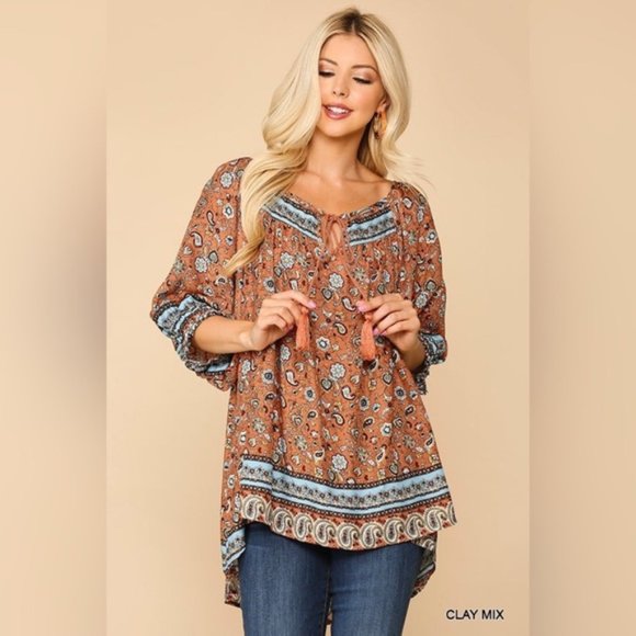 Gigio | Hannah Terracotta Clay Rust Bohemian Peasant Top Tassel Paisley Small - Picture 4 of 14